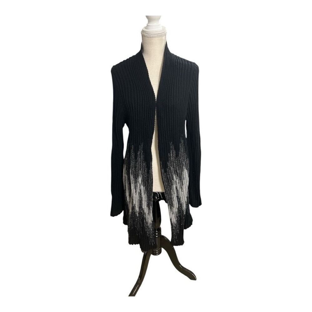 Chico's Wool Blend Black Grey Ribbed Knit Open Front Long Cardigan Size 2(12)